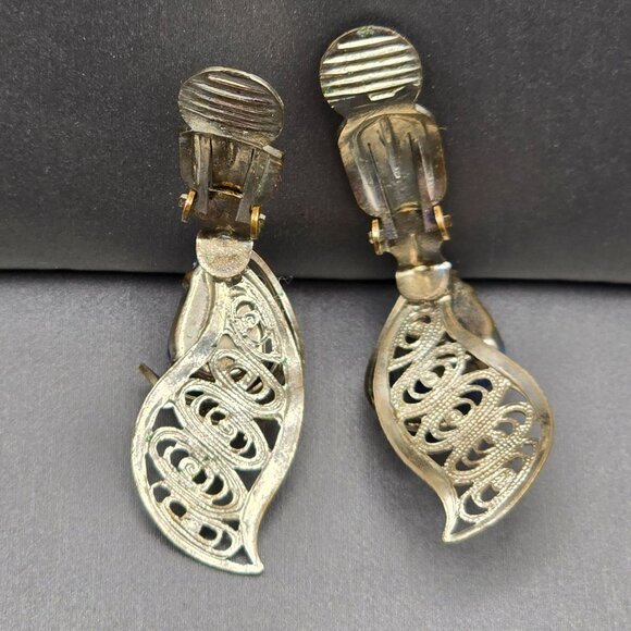 VTG West German Silver Filigree Clip-On Earrings 1.25" Blue Glass Stone 1950s - Picture 6 of 10